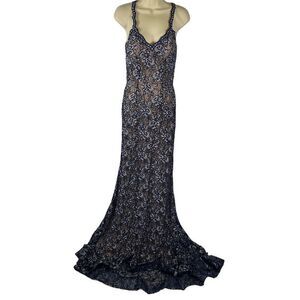 Jovani Formal Prom Long Dress Navy & Silver Lace Nude Lined with Rhinestones 0